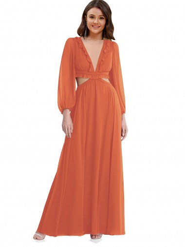 Shop High Low Ruffled Long Chiffon Cutout Bishop Sleeves Maxi Bridesmaid Dress Montreal