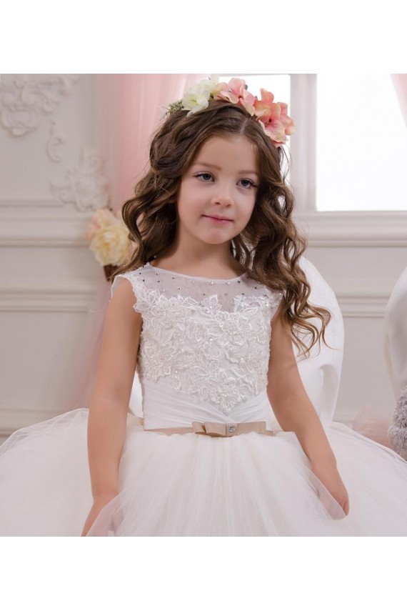 Ivory Ball Gown Bateau Neck Chapel Train Sleeveless Flower Girl Dress