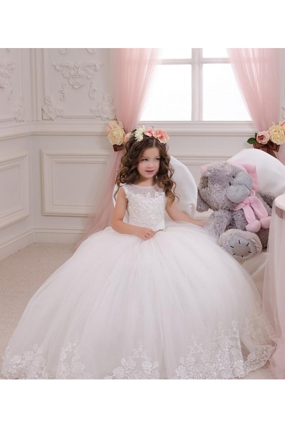 Ivory Ball Gown Bateau Neck Chapel Train Sleeveless Flower Girl Dress