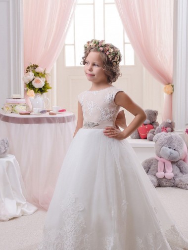 Shop Ivory Ball Gown Bateau Neck Chapel Train V-Back Flower Girl Dress Montreal