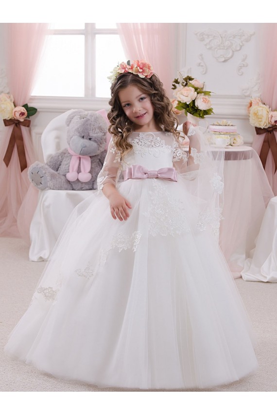 Ivory Ball Gown Bateau Neck Long Chapel Train Sleeveless Flower Girl Dress
