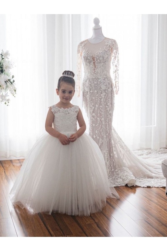 Ivory Ball Gown Chapel Train Sleeveless Flower Girl Dress