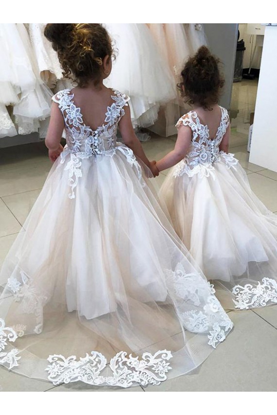Ivory Ball Gown Chapel Train Sleeveless V-Back Flower Girl Dress