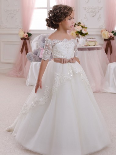 Shop Ivory Ball Gown High Neck Floor Length Short Sleeve Flower Girl Dress Montreal