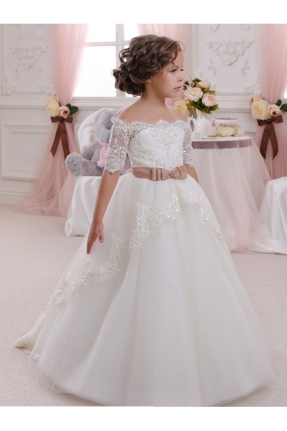Ivory Ball Gown High Neck Floor Length Short Sleeve Flower Girl Dress