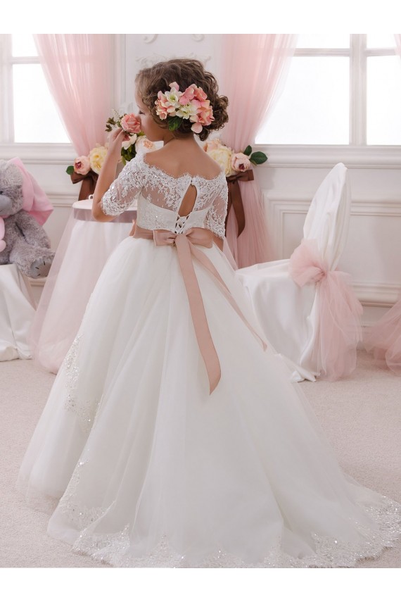 Ivory Ball Gown High Neck Floor Length Short Sleeve Flower Girl Dress