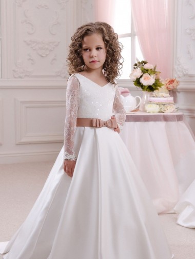 Shop Ivory Ball Gown V-Neck Chapel Train Long Sleeve Flower Girl Dress Montreal