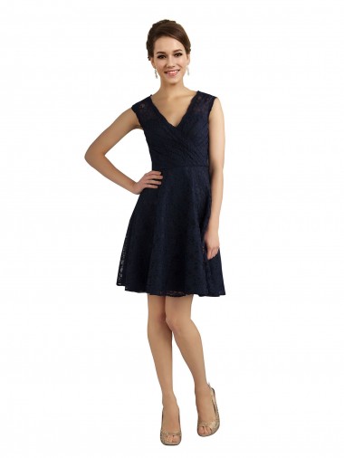 Shop Short V-Neck Lace Cocktail Bridesmaid Dress with Illusion Back Montreal