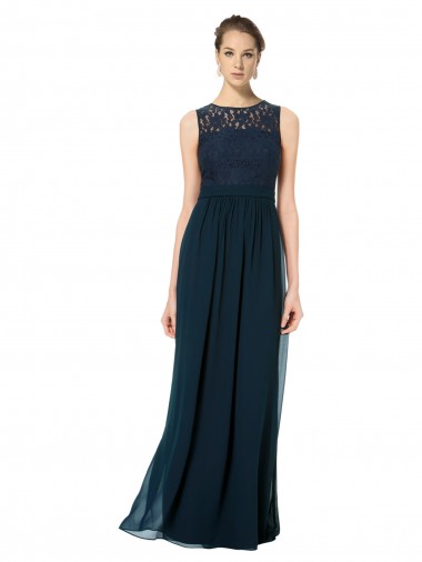 Shop Long Chiffon Bridesmaid Dress with Lace Sleeveless Bodice and Keyhole Back Montreal