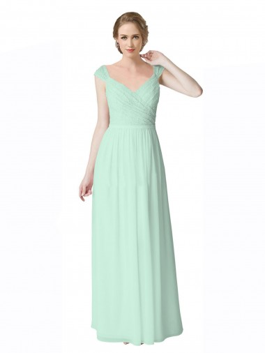 Shop Long Chiffon Bridesmaid Dress with Corded Lace V-Neck Bodice Montreal