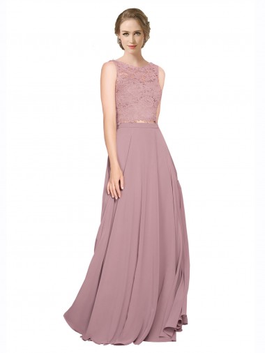 Shop Long A-Line Chiffon Bridesmaid Dress / Prom Dress with Sleeveless Lace Crop Top Montreal
