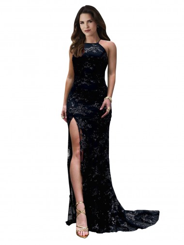 Shop Formal High Neckline Lace Open Back Bridesmaid Dress / Prom Dress with High Slit Montreal
