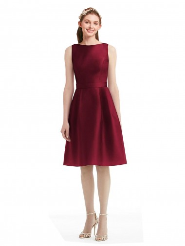 Shop Short Midi Length Satin Cocktail Bridesmaid Dress with Bateau Neckline and V-Back Montreal
