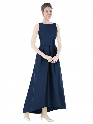 Shop Full Length Sleeveless Long Satin Bridesmaid Dress with High Low Hem Detail Montreal