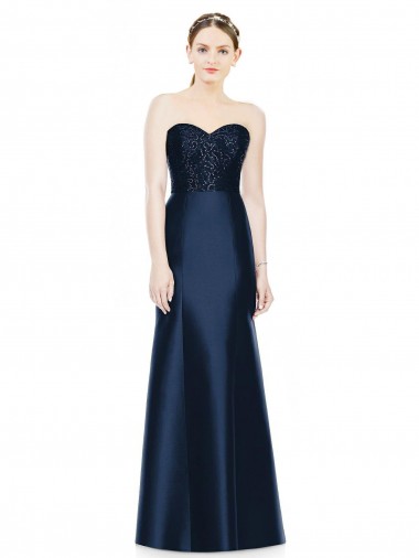 Shop Full Length Strapless Satin Bridesmaid Dress with Lace Sweetheart Neckline Montreal