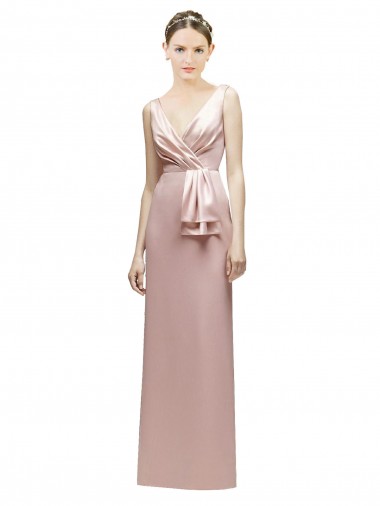 Shop Sleeveless V-Neck Long Satin Bridesmaid Dress with Draped Bodice and Tiered Bow Montreal