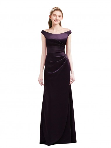 Shop Off The Shoulder Long Satin Bridesmaid Dress with Asymmetrical Pleated Bodice Montreal