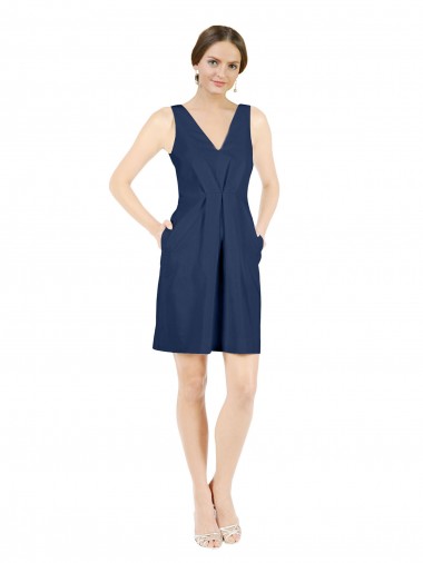 Shop Deep V-Neck Short Knee Length Satin Cocktail Bridesmaid Dress with Slimming Pleats Montreal