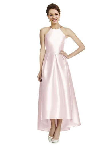 Shop Long High-Low Halter Satin Bridesmaid Dress with Criss-Cross Back Montreal