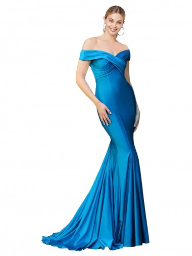 Shop Off the Shoulder Long Chapel Train Formal Satin Bridesmaid Dress / Prom Dress Montreal