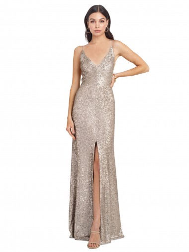 Shop V-Neck Fully Sequin Formal Bridesmaid Dress / Prom Dress with V-Back and Front Slit Montreal