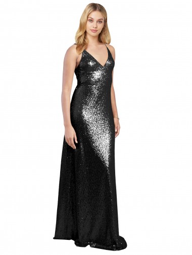 Shop Full Length A-Line Formal Sequin Bridesmaid Dress / Prom Dress with Spaghetti Straps V-Neckline Montreal