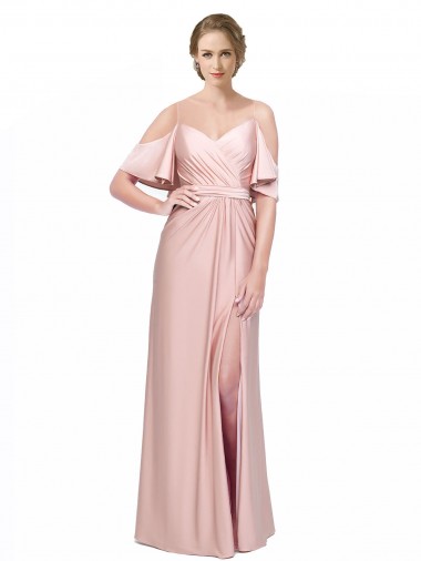 Shop Draped Cold Shoulder Sleeves Long Formal Silky Satin Bridesmaid Dress / Prom Dress with Slit and Tie Back Montreal
