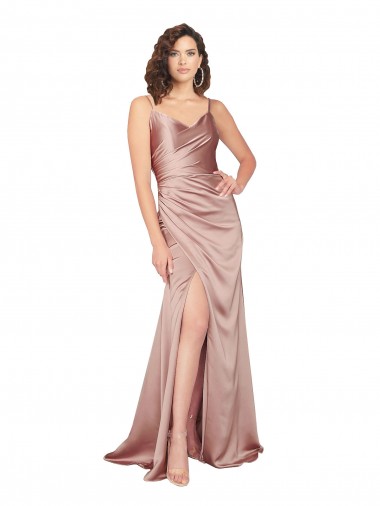 Shop Floor Length Formal Silky Satin Bridesmaid Dress / Prom Dress with Front Skirt Slit Montreal