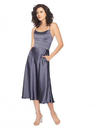 Shop Midi Cocktail Length Silky Satin Bridesmaid Dress / Prom Dress with Open Tied Back & Pockets Montreal