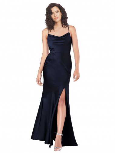 Shop Draped Cowl Neck Formal Silky Satin Bridesmaid Dress / Prom Dress with Skirt Slit Montreal