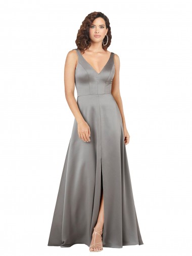 Shop Plunging V-Neckline Long A-Line Formal Silky Satin Bridesmaid Dress / Prom Dress Montreal