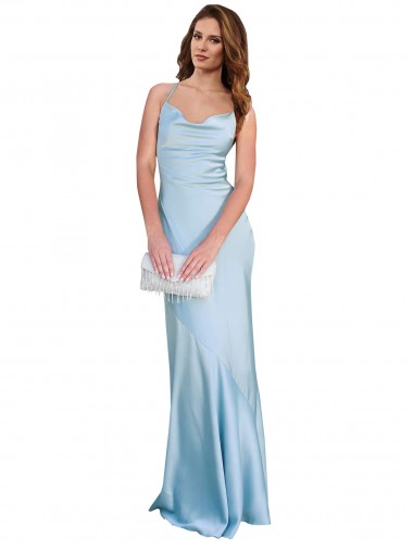 Shop Open Back with Ties Cowl Neck Sheath Formal Silky Satin Long Bridessmaid Dress Montreal
