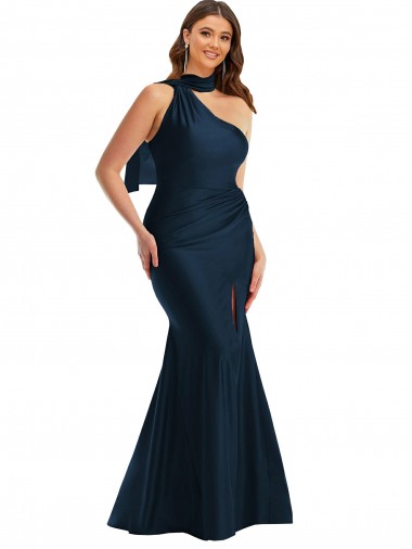 Shop Scarf Neck One Shoulder Formal Silky Satin Mermaid Bridesmaid Dress / Prom Dress with Front Slit Montreal