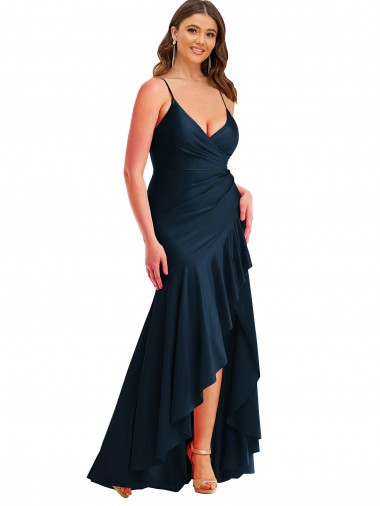Shop Pleated Wrap Ruffled High Low Formal Silky Satin Bridesmaid Dress / Prom Dress Montreal