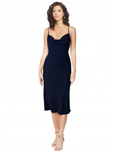 Shop Short Cocktail Midi Length Formal Silky Satin Bridesmaid Dress / Prom Dress with Cowl Neck and Cross Back Straps Montreal