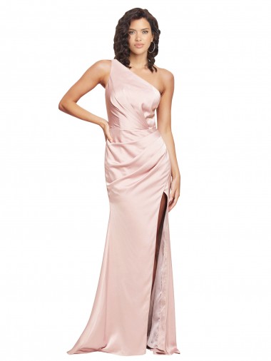 Shop Full Length Ruched Formal Silky Satin Bridesmaid Dress / Prom Dress with Low Back and High Split Montreal