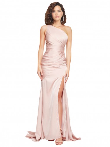 Shop Full Length One Shoulder Long Formal Silky Satin Bridesmaid Dress / Prom Dress with High Split Montreal