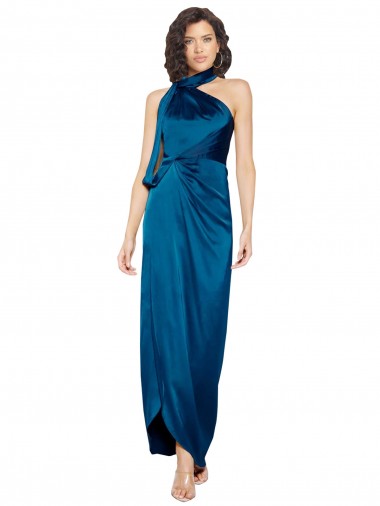 Shop High Halter Neck Formal Silky Satin Bridesmaid Dress / Prom Dress with Sash Overlay and Side Split Montreal