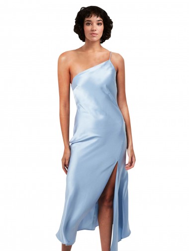 Shop Midi Length Short Formal Silky Satin Bridesmaid Dress / Cocktail Prom Dress with Asymmetric Neckline and High Side Split Montreal
