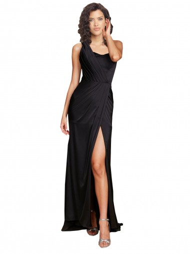 Shop Full Length One Shoulder Ruffled Long Formal Silky Satin Bridesmaid Dress / Prom Dress with High Slit Montreal