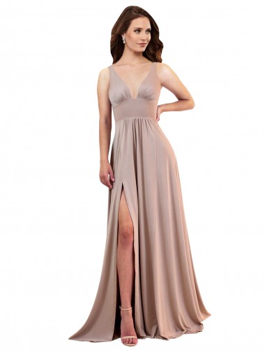 Shop Long A-Line Plunge V-Neckline Formal Spandex Bridesmaid Dress / Prom Dress with Slit Montreal