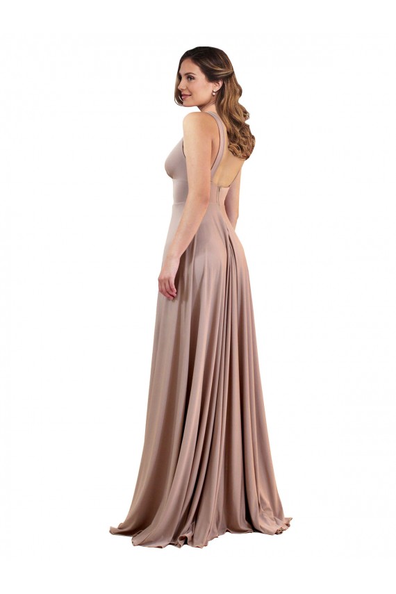 Long A-Line Plunge V-Neckline Formal Spandex Bridesmaid Dress / Prom Dress with Slit