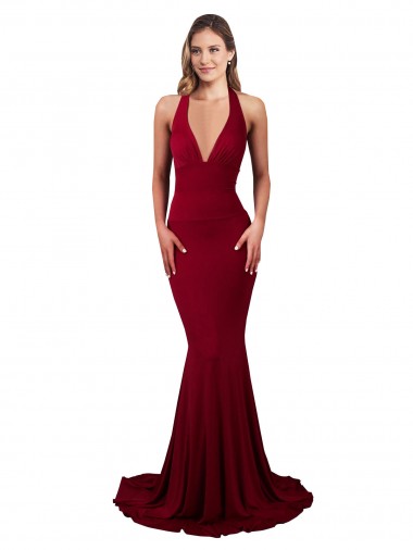 Shop Halter Mermaid Plunge V-Neckline Open Back Bow Tie Formal Spandex Bridesmaid Dress / Prom Dress Montreal