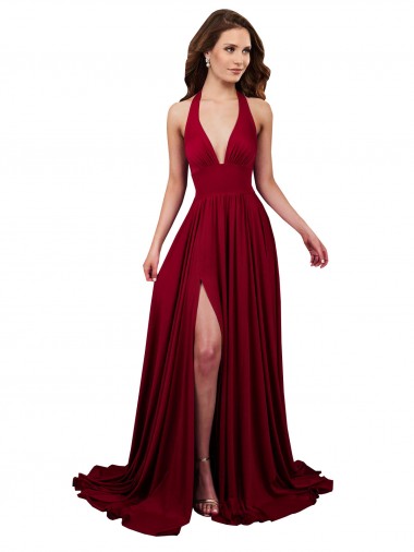 Shop A-Line Halter Plunge V-Neckline Open Back Formal Spandex Bridesmaid Dress / Prom Dress with Slit Montreal