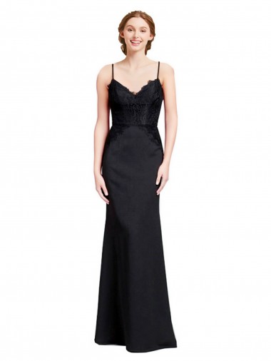 Shop Long Chiffon Bridesmaid Dress / Prom Dress with Lace Bodice and Curved V-Neckline Montreal