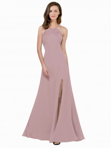 Shop High Neck Crepe Bridesmaid Dress / Prom Dress with Pleats and Keyhole Back Montreal