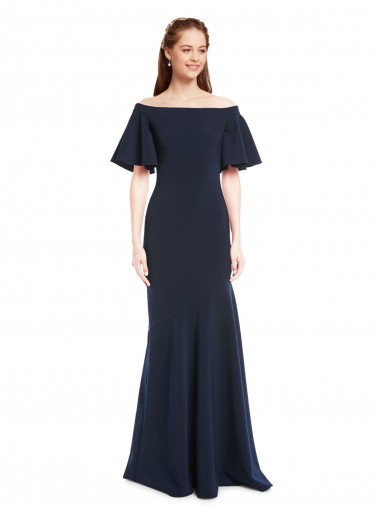 Shop Off the Shoulder Formal Crepe Bridesmaid Dress / Prom Dress with Short Ruffle Sleeves. Montreal
