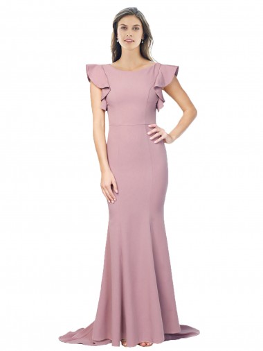 Shop Flutter Sleeves Low V-Back High Round Neck Formal Crepe Bridesmaid Dress / Prom Dress Montreal