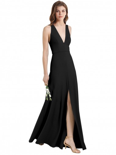 Shop Sleek Halter V-Neck Long A-Line Stretch Formal Crepe Bridesmaid Dress / Prom Dress with Front Slit Montreal