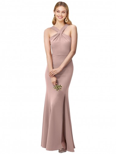 Shop Long Floor Length High Neck Fit and Flare Stretch Crepe Bridesmaid Dress / Prom Dress with Side Slit Montreal